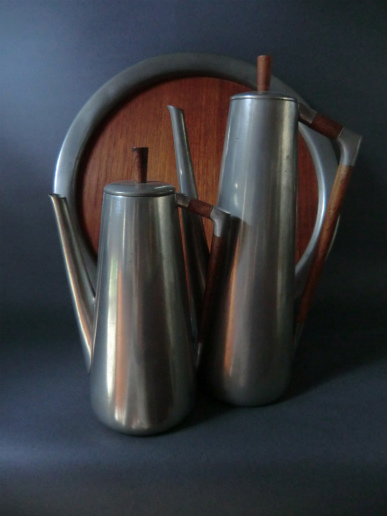ピューター×チーク材コーヒーポット、ティーポット、トレー