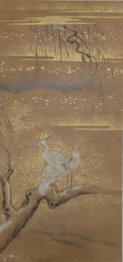 日本画　枝垂れ梅に白鷺